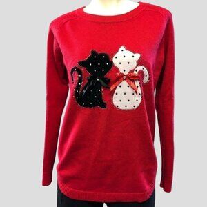 Hill Fill Red Sweater with Black & White Cats Medium